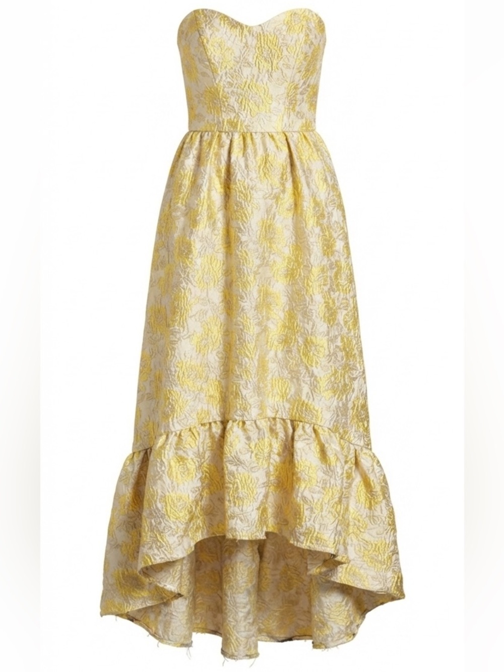 Dessy Collection Yellow Floral Metallic Jacquard Strapless Corset Gown Size 2